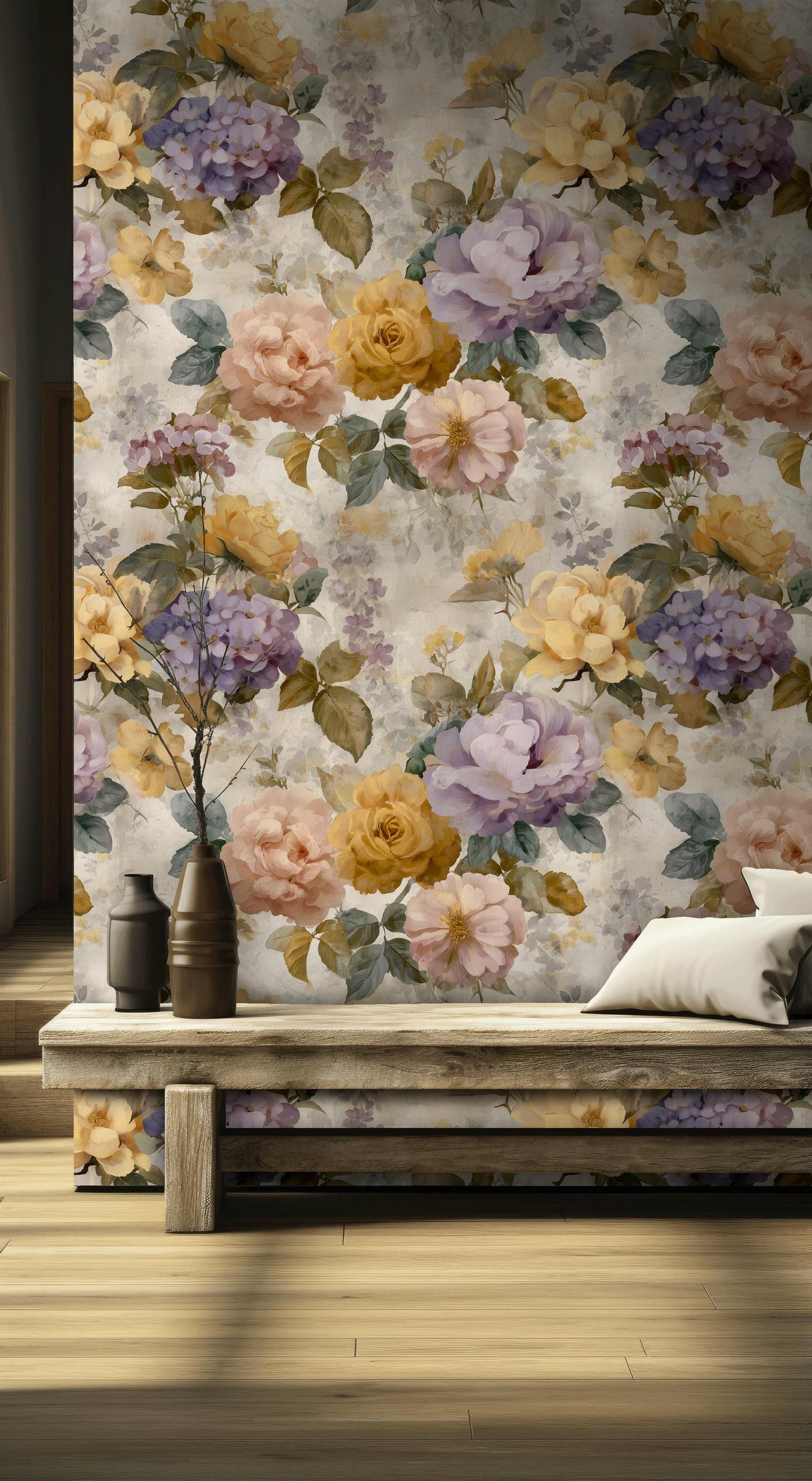 Vintage Floral Wallpaper: Pastel Rose & Peony Shabby Chic Peel and Stick Wall Mural