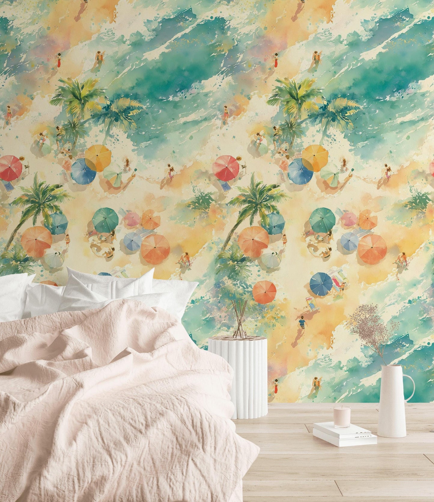 Aerial Beach Scene Wallpaper | Watercolor Coastal Wall Mural | Summer Peel and Stick Decor