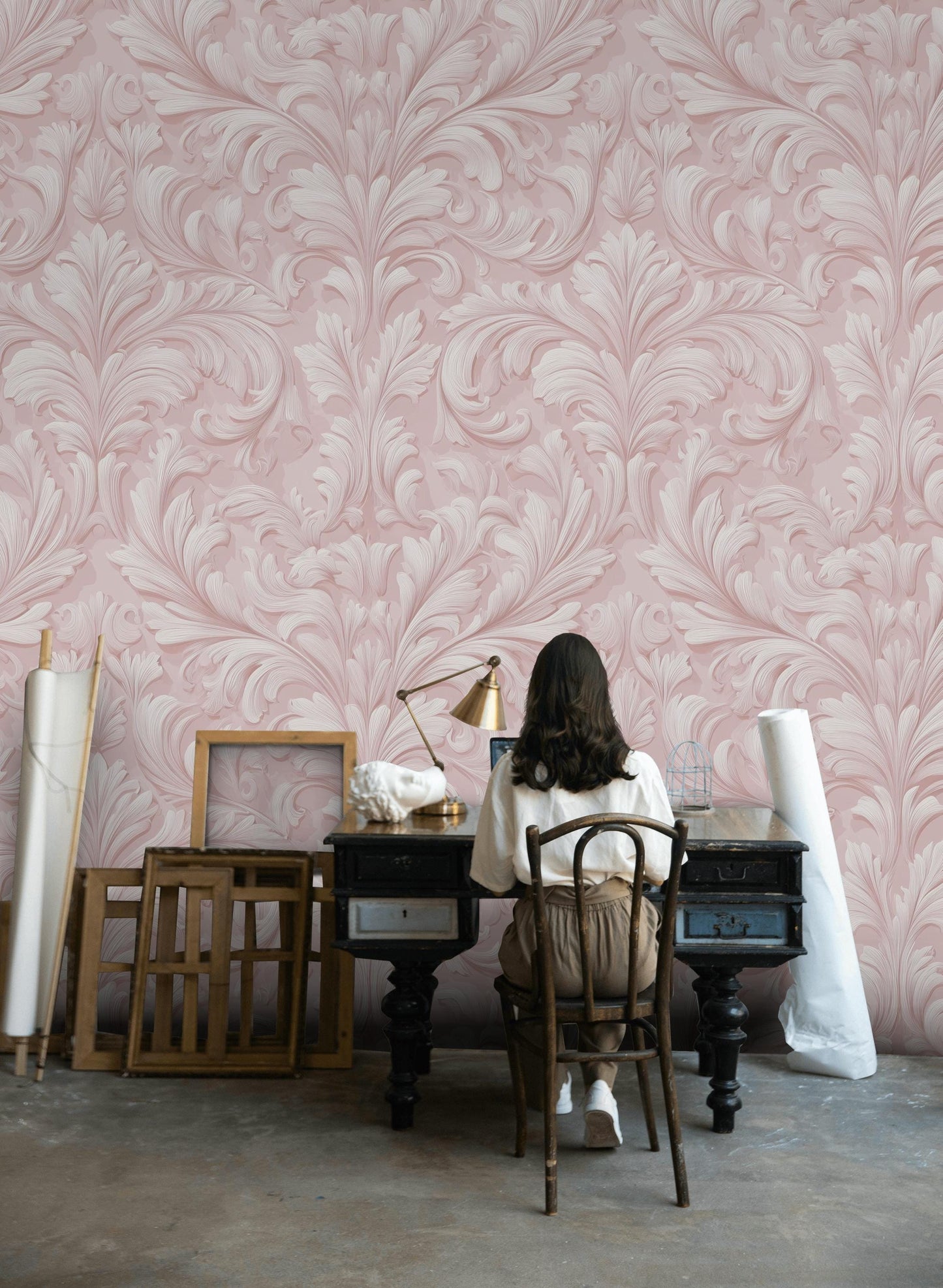 Embossed Damask Wallpaper, Pink Wall Mural, Classic Floral Scroll, Peel and Stick Decor