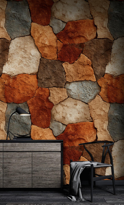 Rustic Stone Wall Wallpaper | Natural Stacked Rock Mural | Faux Stone Peel and Stick Decor