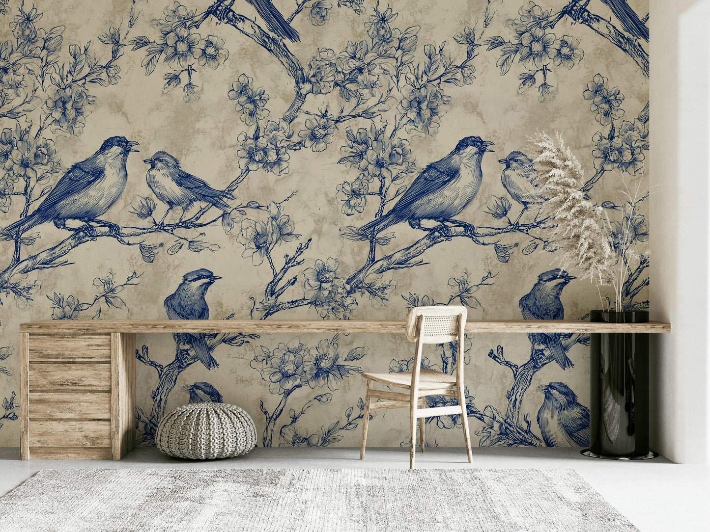 Chinoiserie Bird & Branch Wallpaper | Toile Style Wall Mural | Blue Botanical Peel and Stick Decor