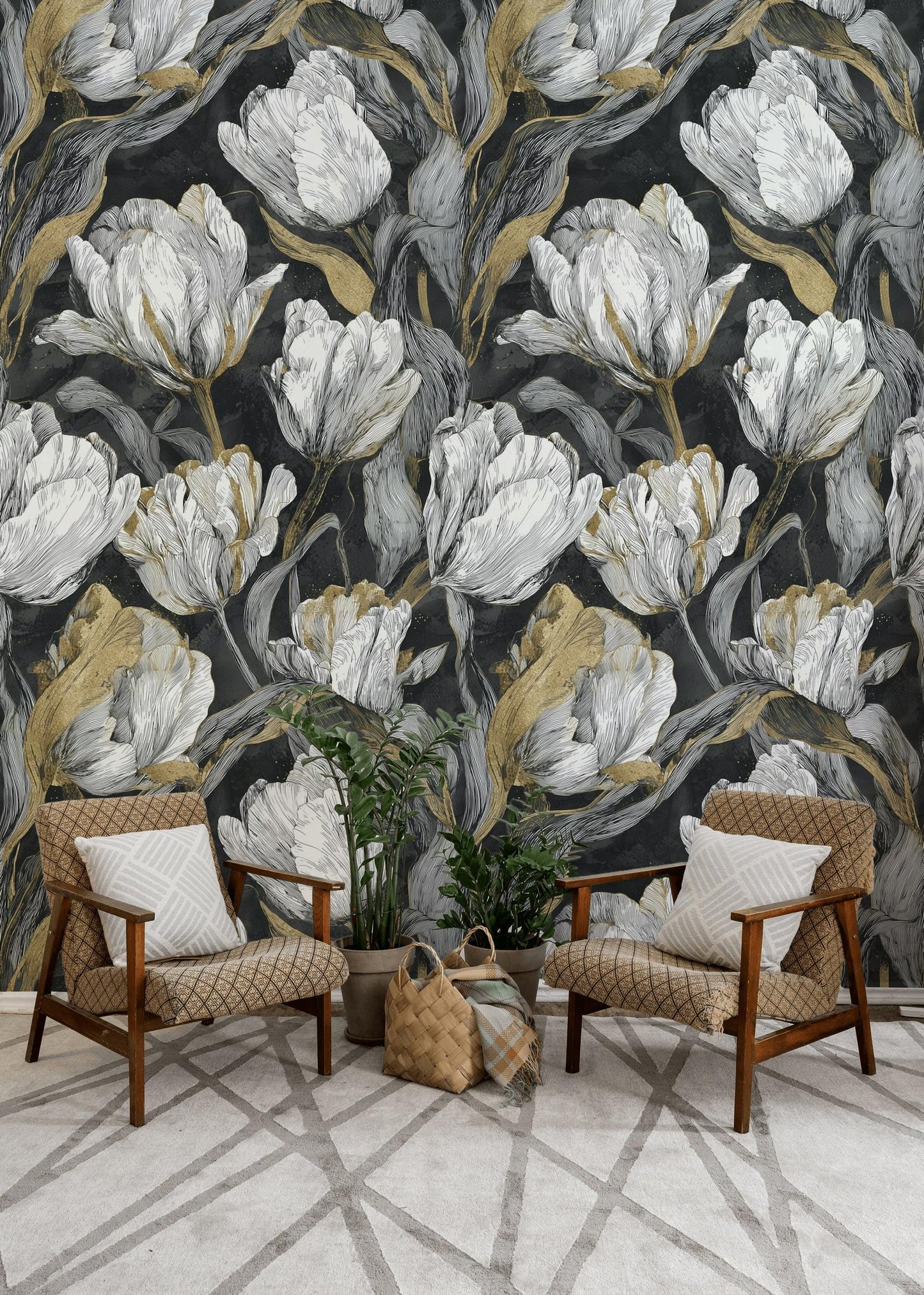 Luxury Gold Tulip Wallpaper | Dark Floral Wall Mural | Modern Botanical Peel and Stick Decor