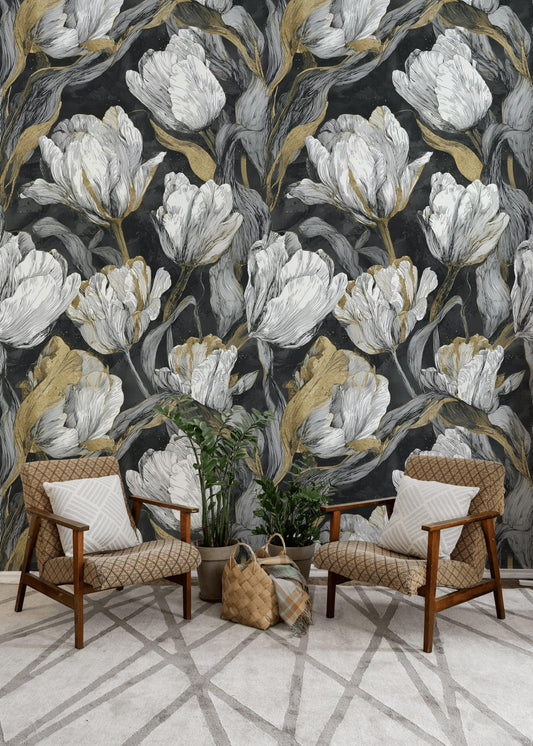 Luxury Gold Tulip Wallpaper | Dark Floral Wall Mural | Modern Botanical Peel and Stick Decor