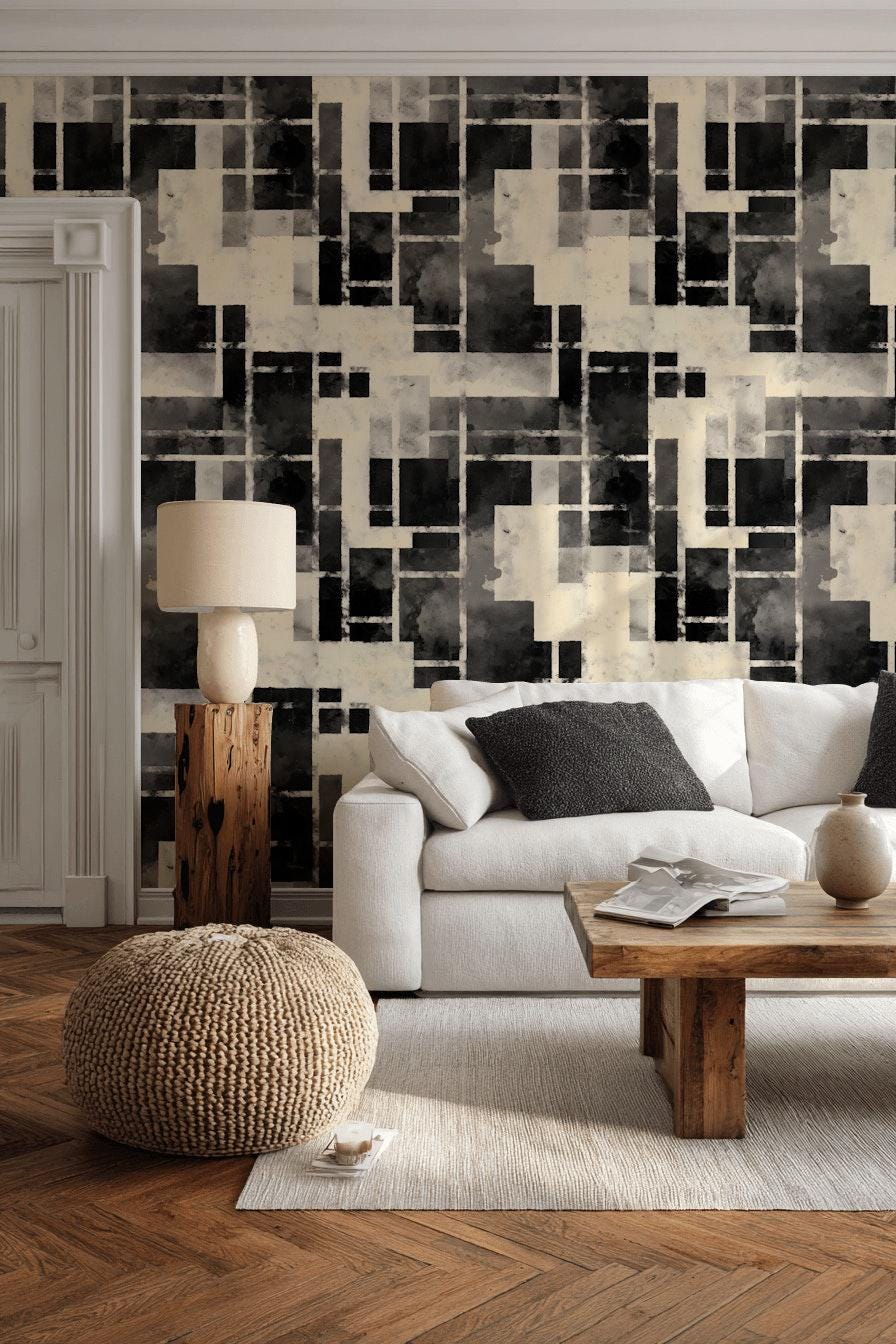 Monochrome Bauhaus Wallpaper: Abstract Watercolor Grid, Peel & Stick Mural