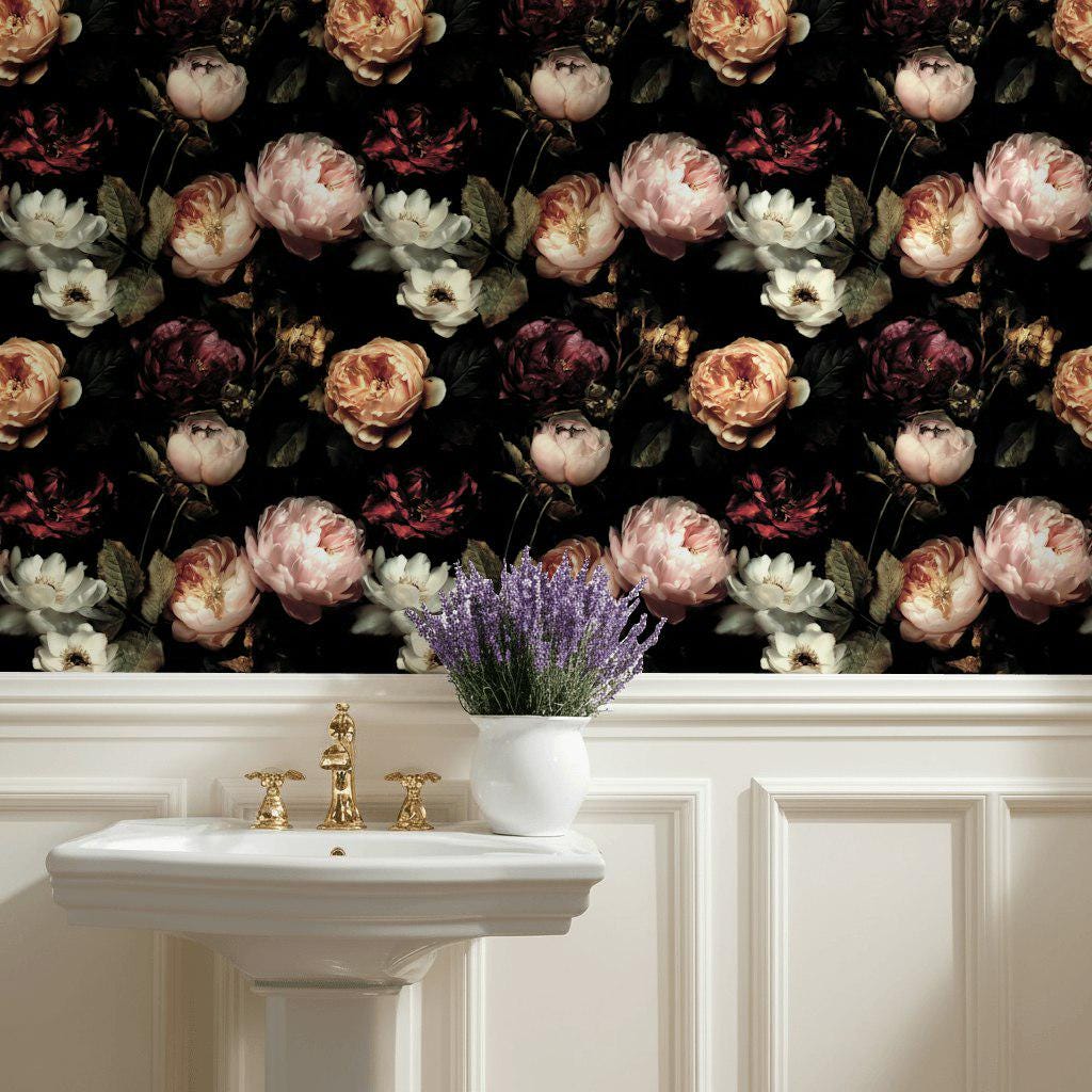 Dark Floral Wallpaper, Gothic Peony Rose Vertical Mural, Black Background Peel & Stick or Unpasted Panel