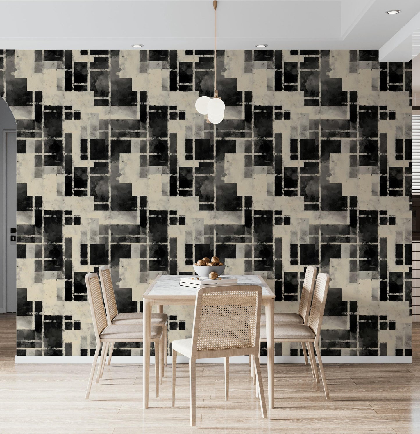 Monochrome Bauhaus Wallpaper: Abstract Watercolor Grid, Peel & Stick Mural