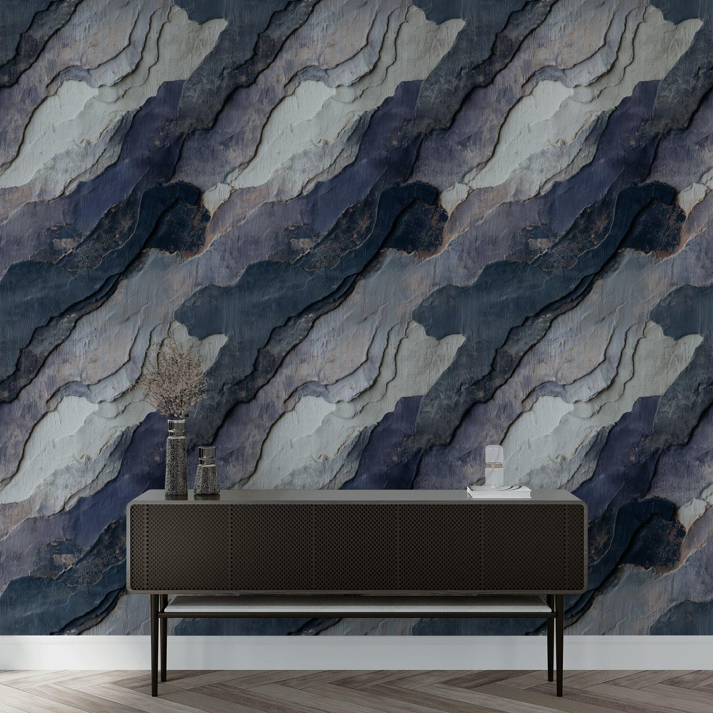 Navy Blue Stone Texture Wallpaper: Layered Abstract Peel and Stick Wall Mural