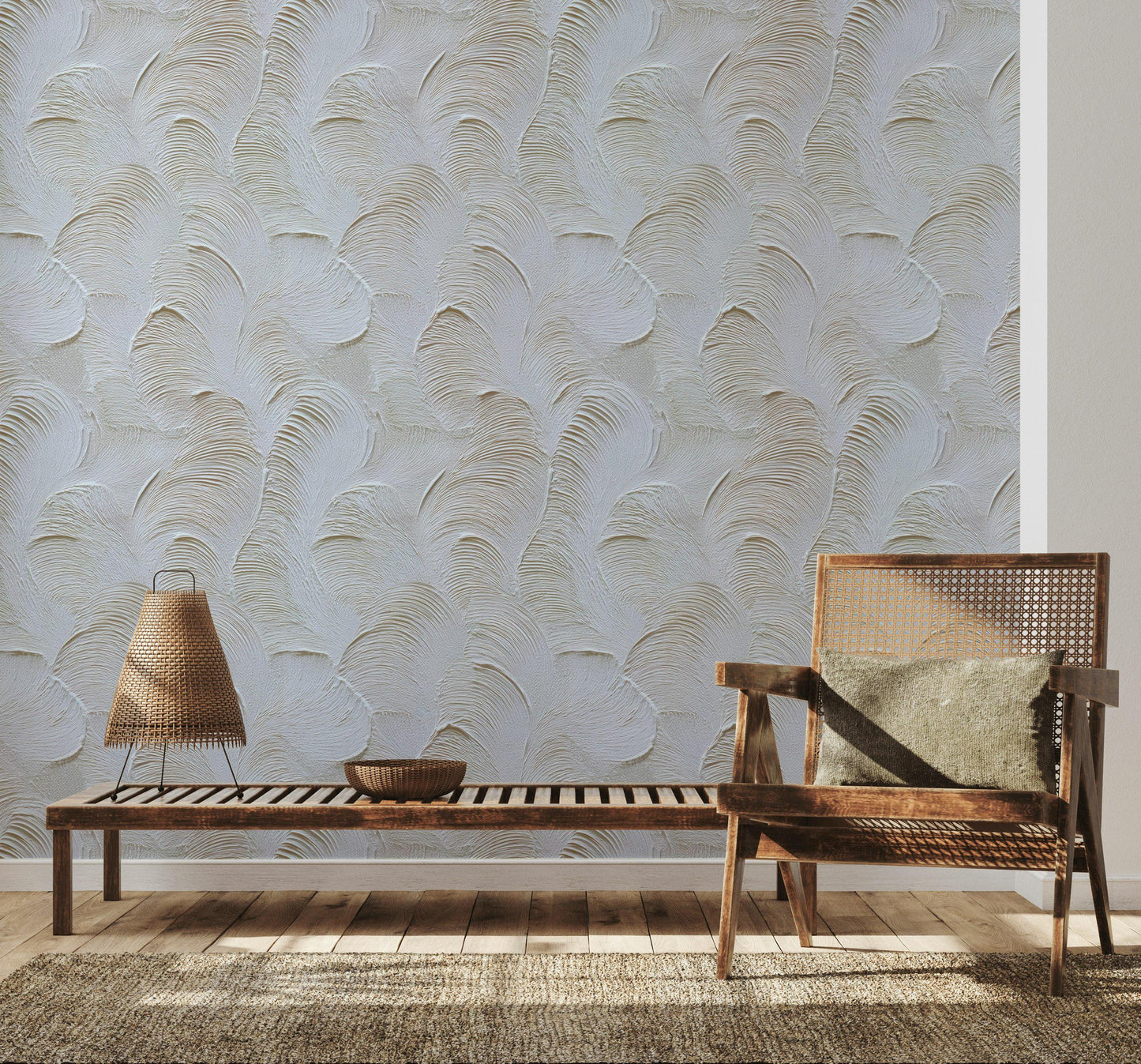 Artisan Faux Stucco Wallpaper, Off-White Fan Texture Peel & Stick Mural, Minimalist Vertical Panel