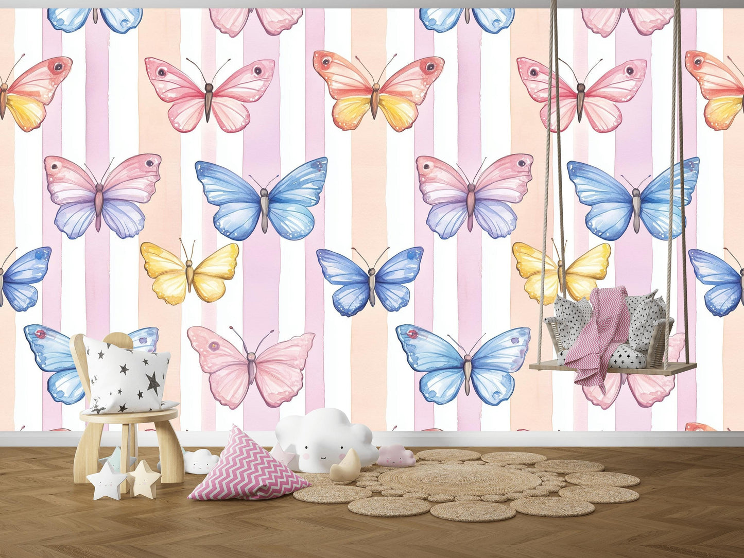 Watercolor Butterfly Wallpaper: Pastel Striped Peel and Stick Nursery Decor