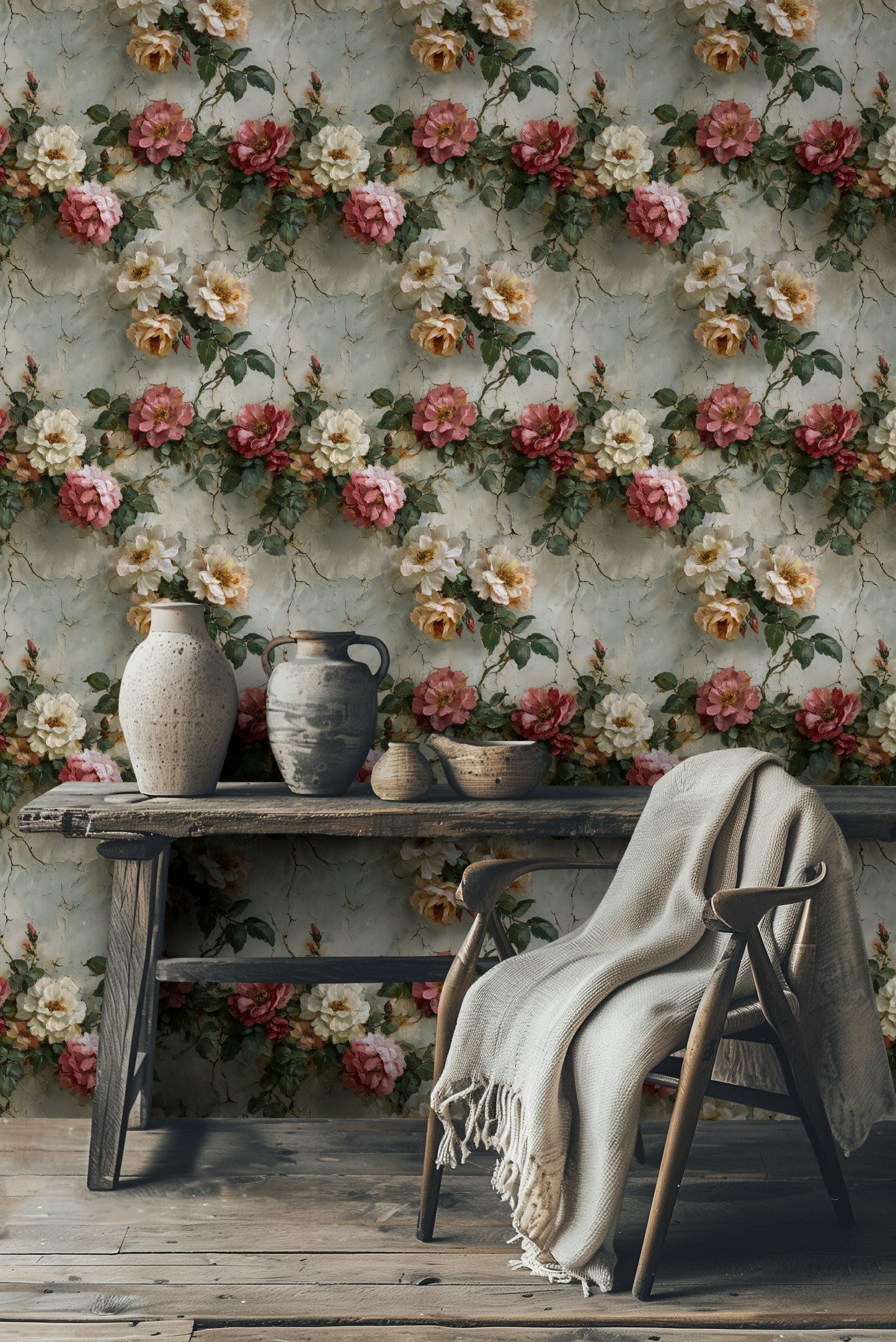 Rose Mural Wallpaper: Shabby Chic Crackle Effect (Peel & Stick)