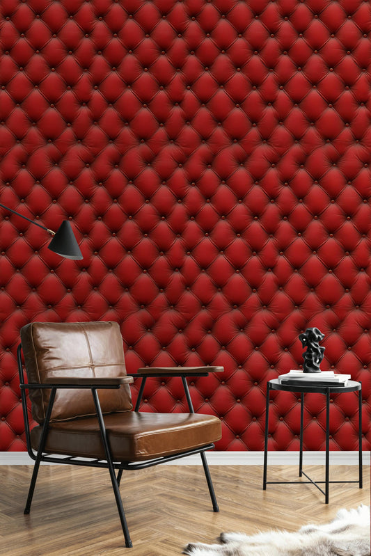Red Tufted Texture Wallpaper, Chesterfield 3D Effect Vertical Panel, Peel & Stick or Unpasted Mural