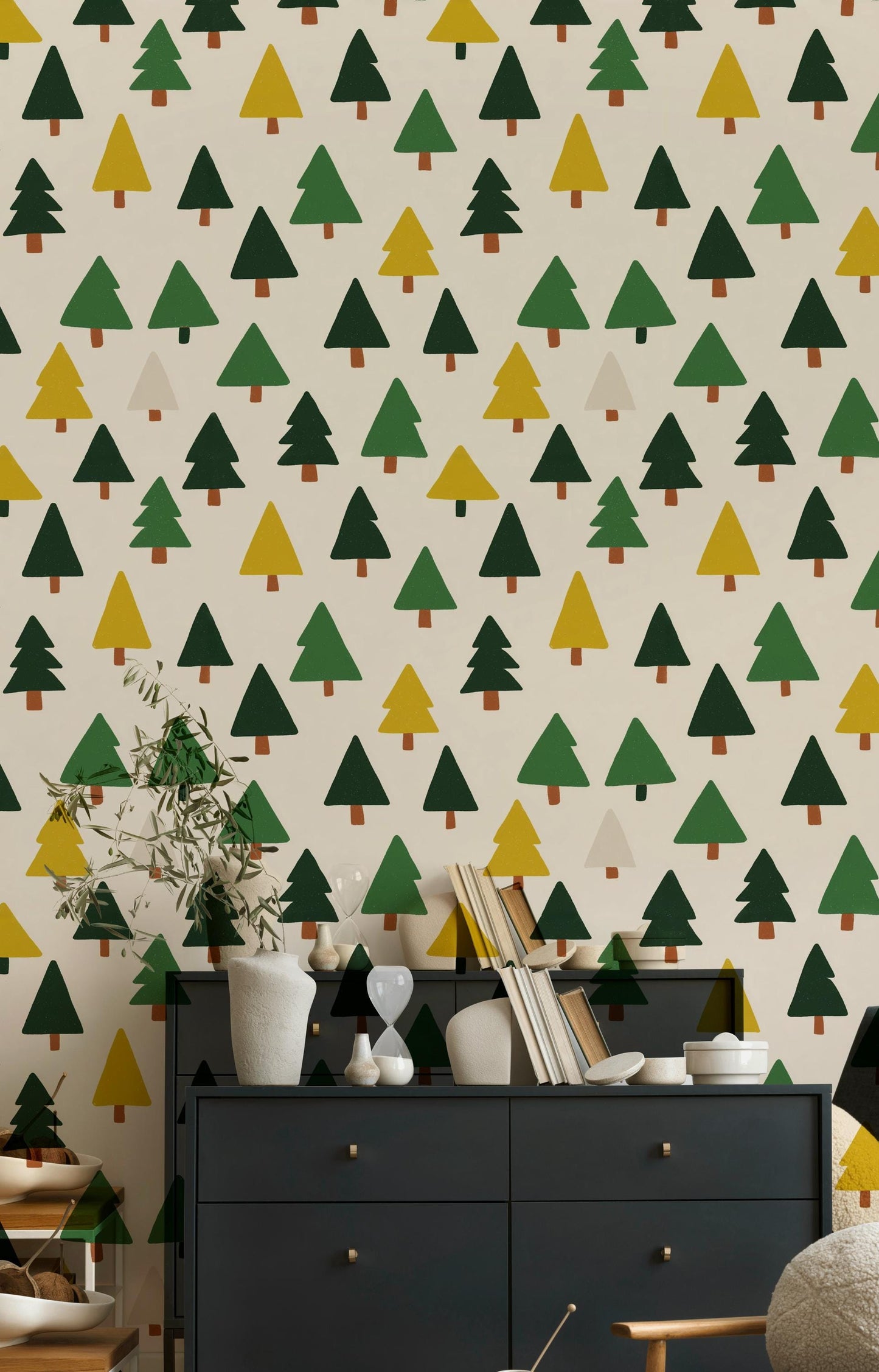 Scandi Pine Tree Wallpaper: Neutral Nursery Peel and Stick Mural