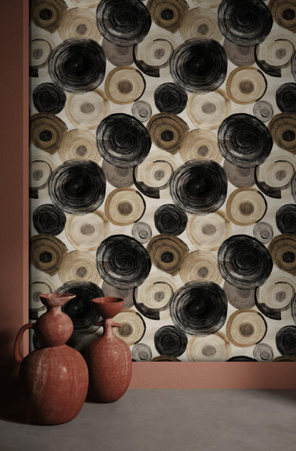 Abstract Swirl Wallpaper Mural: Black Espresso Circles, Hand-Painted Art (Peel & Stick or Unpasted)