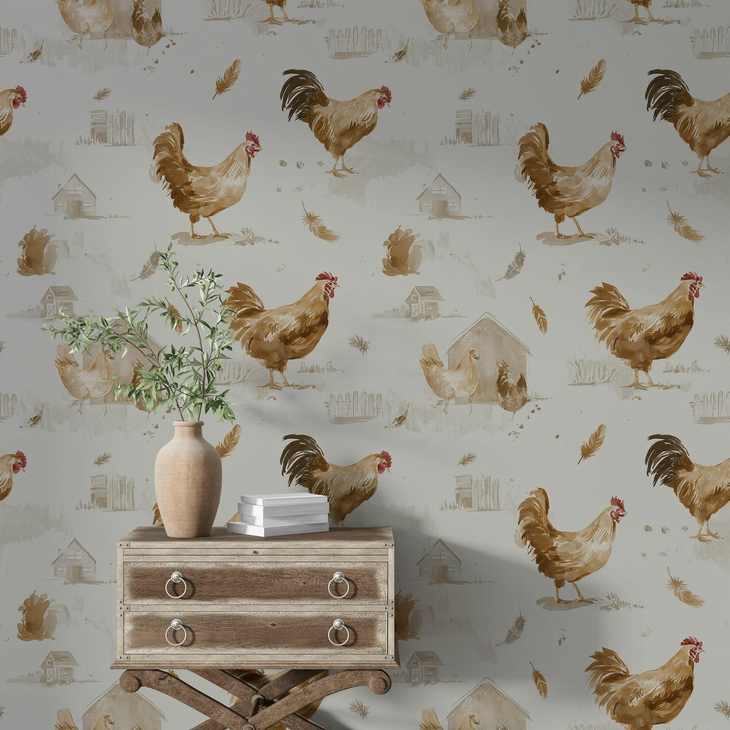 Farmhouse Rooster Chicken Wallpaper | Rustic Country Wall Mural | Watercolor Peel and Stick Decor