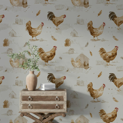 Farmhouse Rooster Chicken Wallpaper | Rustic Country Wall Mural | Watercolor Peel and Stick Decor