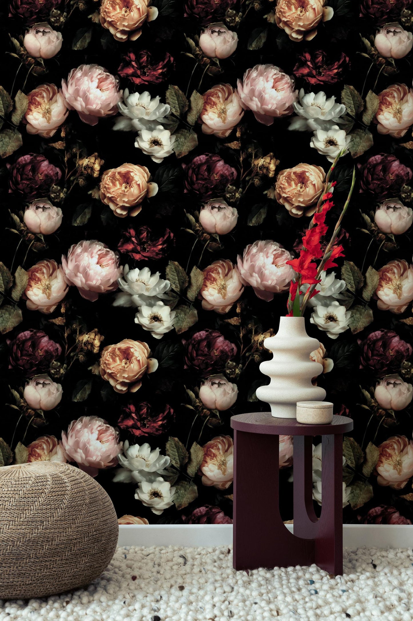 Dark Floral Wallpaper, Gothic Peony Rose Vertical Mural, Black Background Peel & Stick or Unpasted Panel