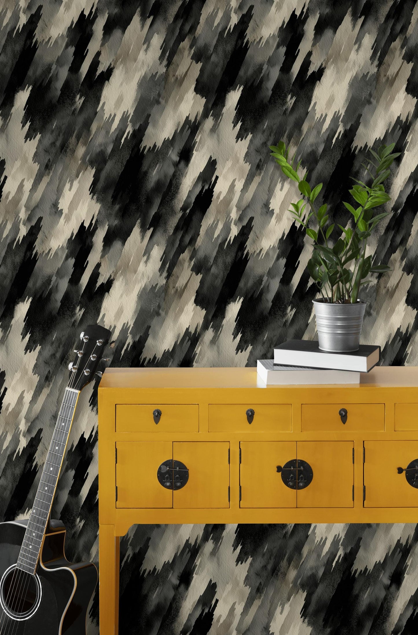 Abstract Diagonal Brushstroke Wallpaper, Black Gray Watercolor Peel & Stick or Unpasted Vertical Wall Mural