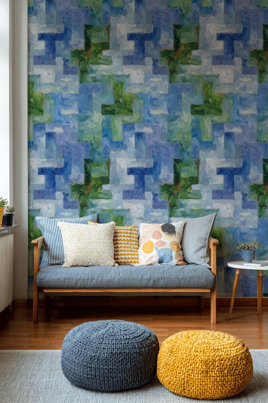 Monet Style Impressionist Mural, Textured Blue Green Block Wallpaper, Vertical Peel & Stick Art Panel