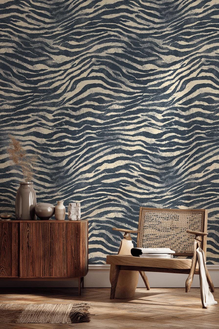 Navy Blue Zebra Print Wallpaper: Textured Peel and Stick Wall Mural