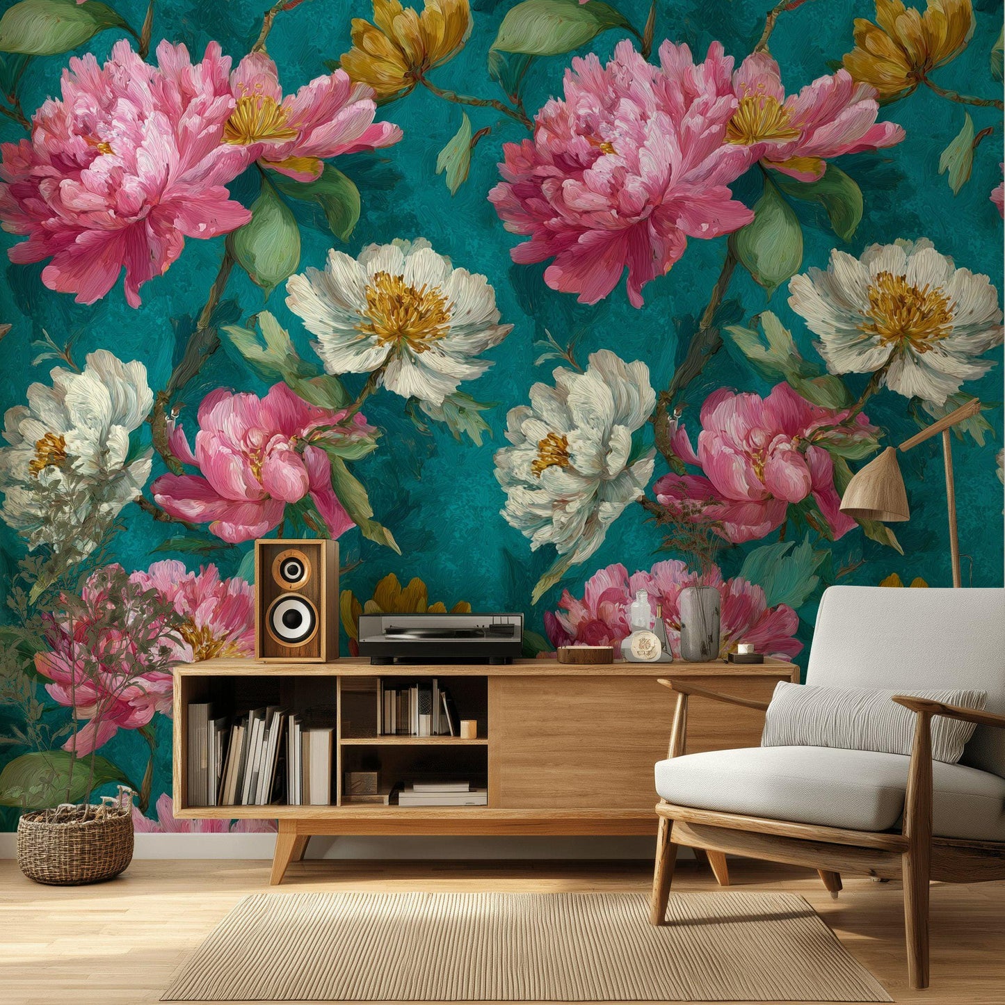 Impasto Peony Wallpaper Mural: Turquoise & Pink Floral Peel and Stick Art