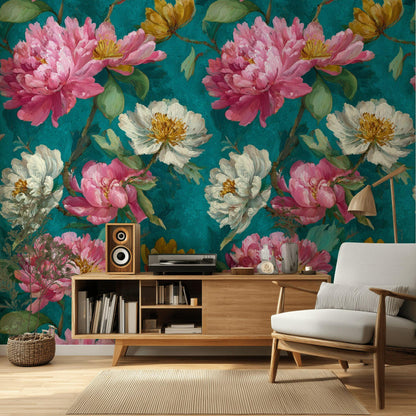 Impasto Peony Wallpaper Mural: Turquoise & Pink Floral Peel and Stick Art