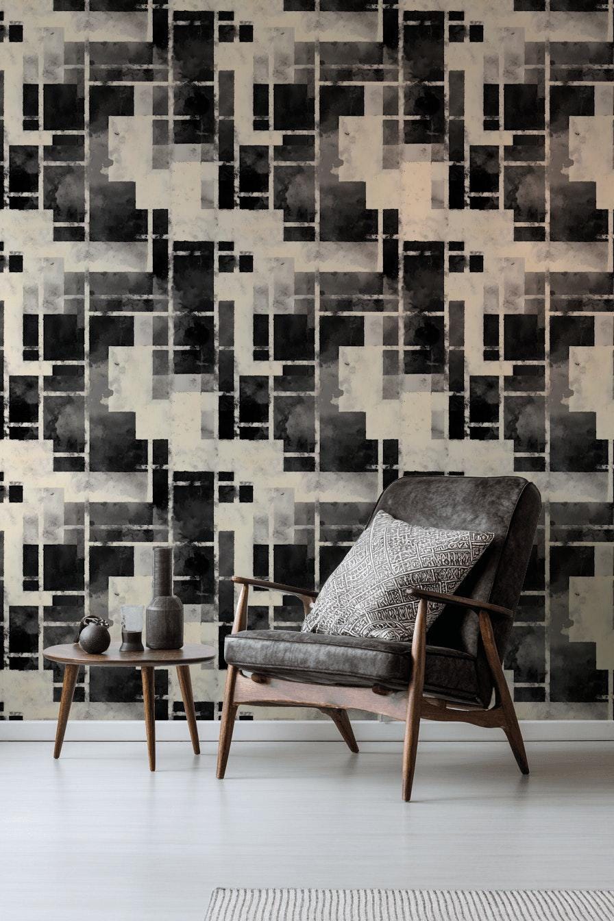 Monochrome Bauhaus Wallpaper: Abstract Watercolor Grid, Peel & Stick Mural