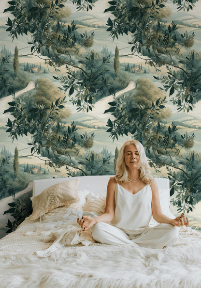 Tuscan Landscape Wallpaper | Olive Tree Wall Mural | Italian Countryside Peel and Stick Decor