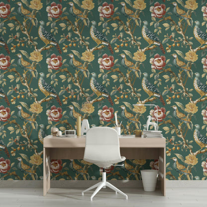 Chinoiserie Bird Wallpaper: Dark Green Floral Peel and Stick Mural