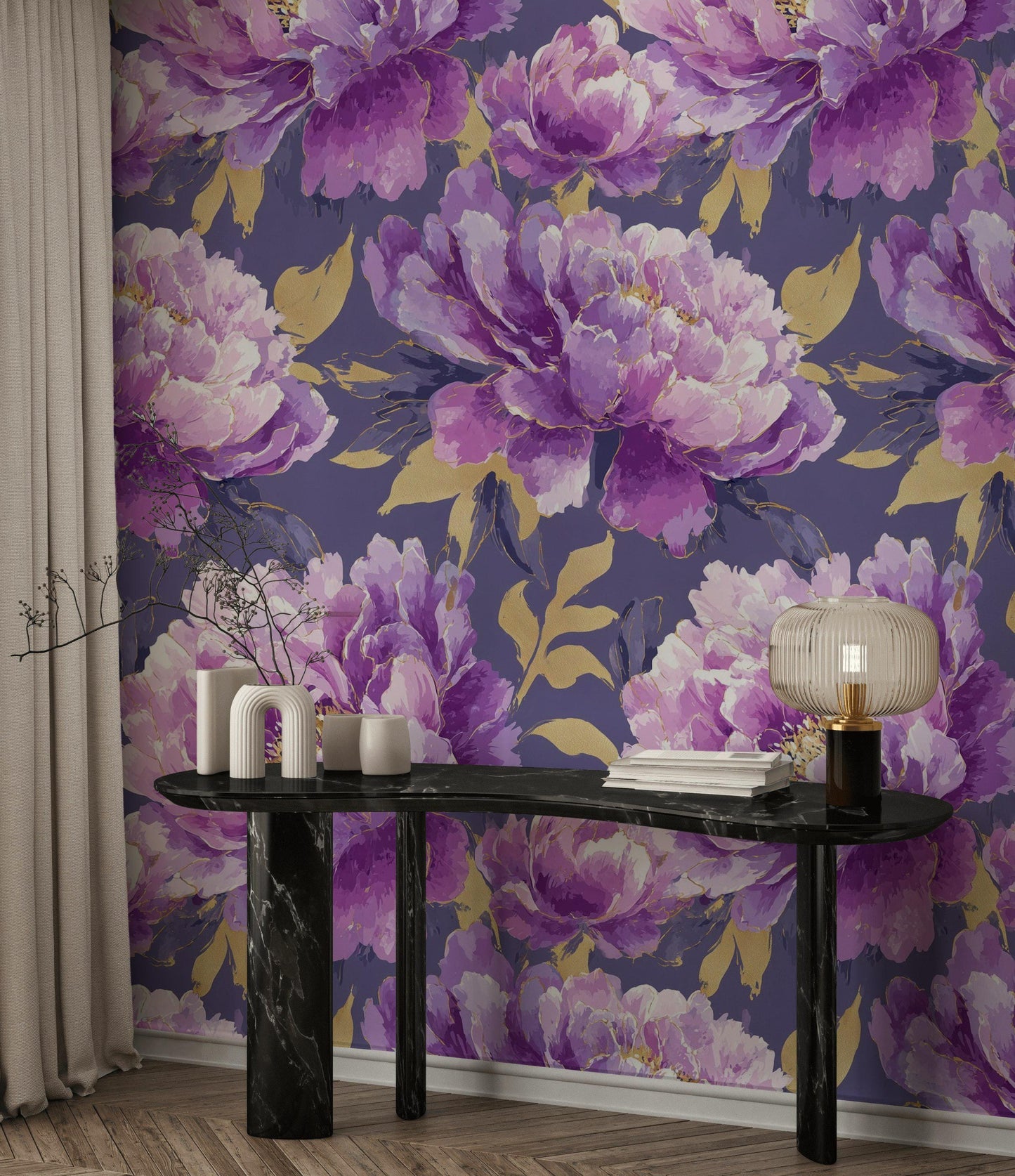 Purple & Gold Peony Wallpaper: Glam Botanical Peel and Stick Mural