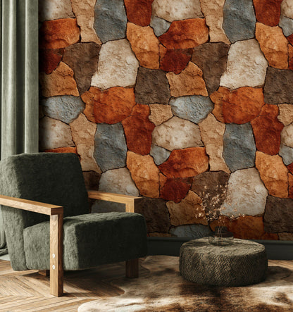 Rustic Stone Wall Wallpaper | Natural Stacked Rock Mural | Faux Stone Peel and Stick Decor