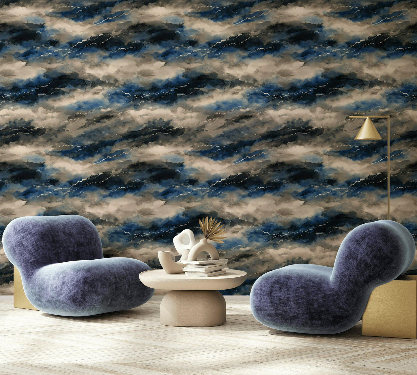 Abstract Stormy Sky Wallpaper: Modern Blue Gray Peel and Stick Wall Mural
