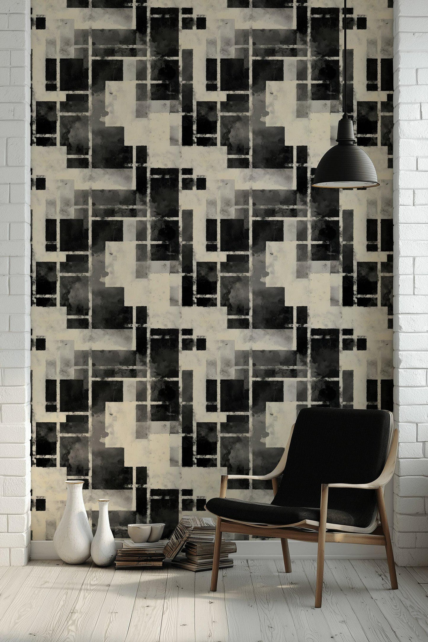 Monochrome Bauhaus Wallpaper: Abstract Watercolor Grid, Peel & Stick Mural