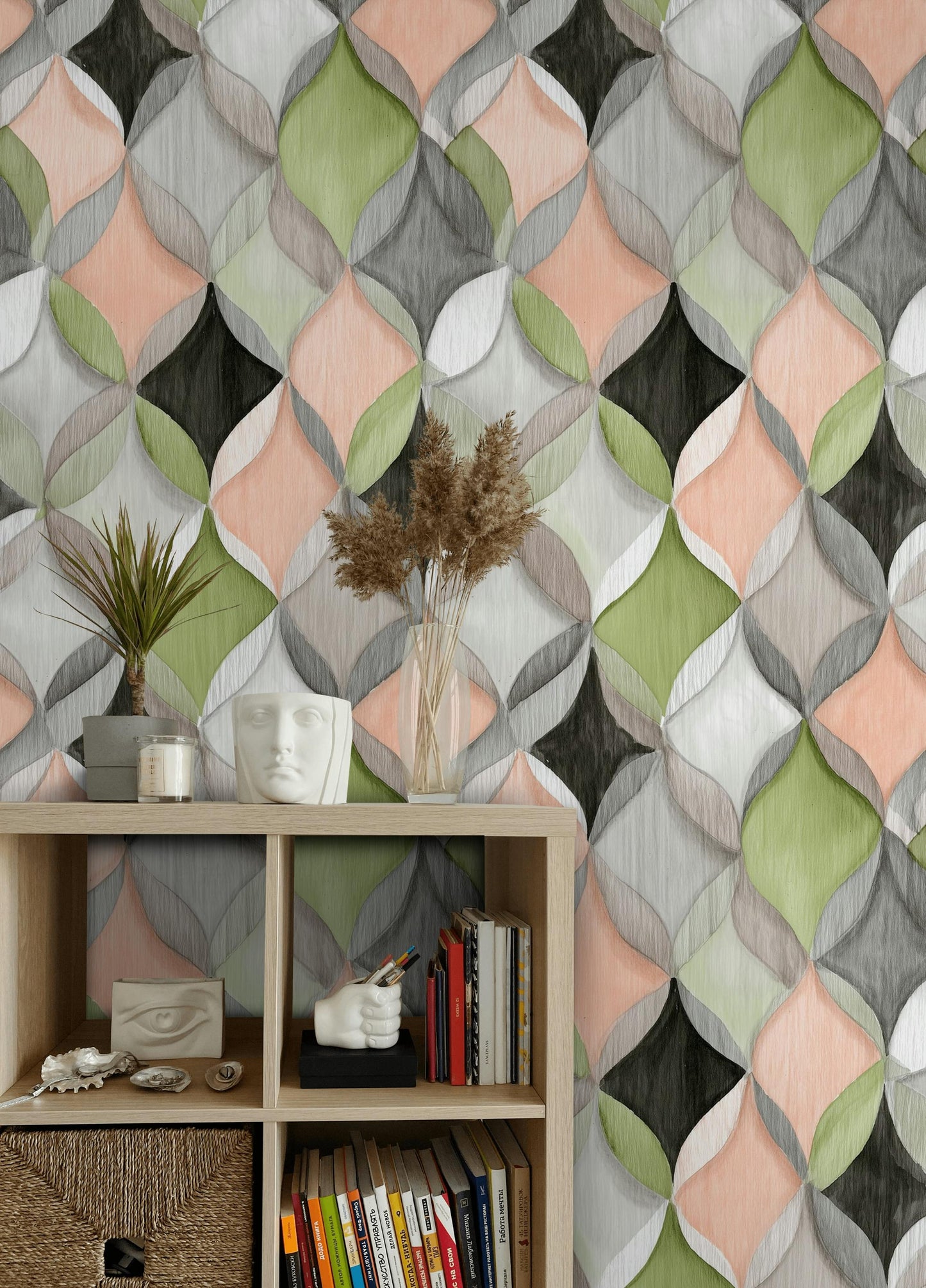 Abstract Geometric Ogee Wallpaper | Modern Interlocking Pattern Wall Mural | Pastel Peel and Stick Decor