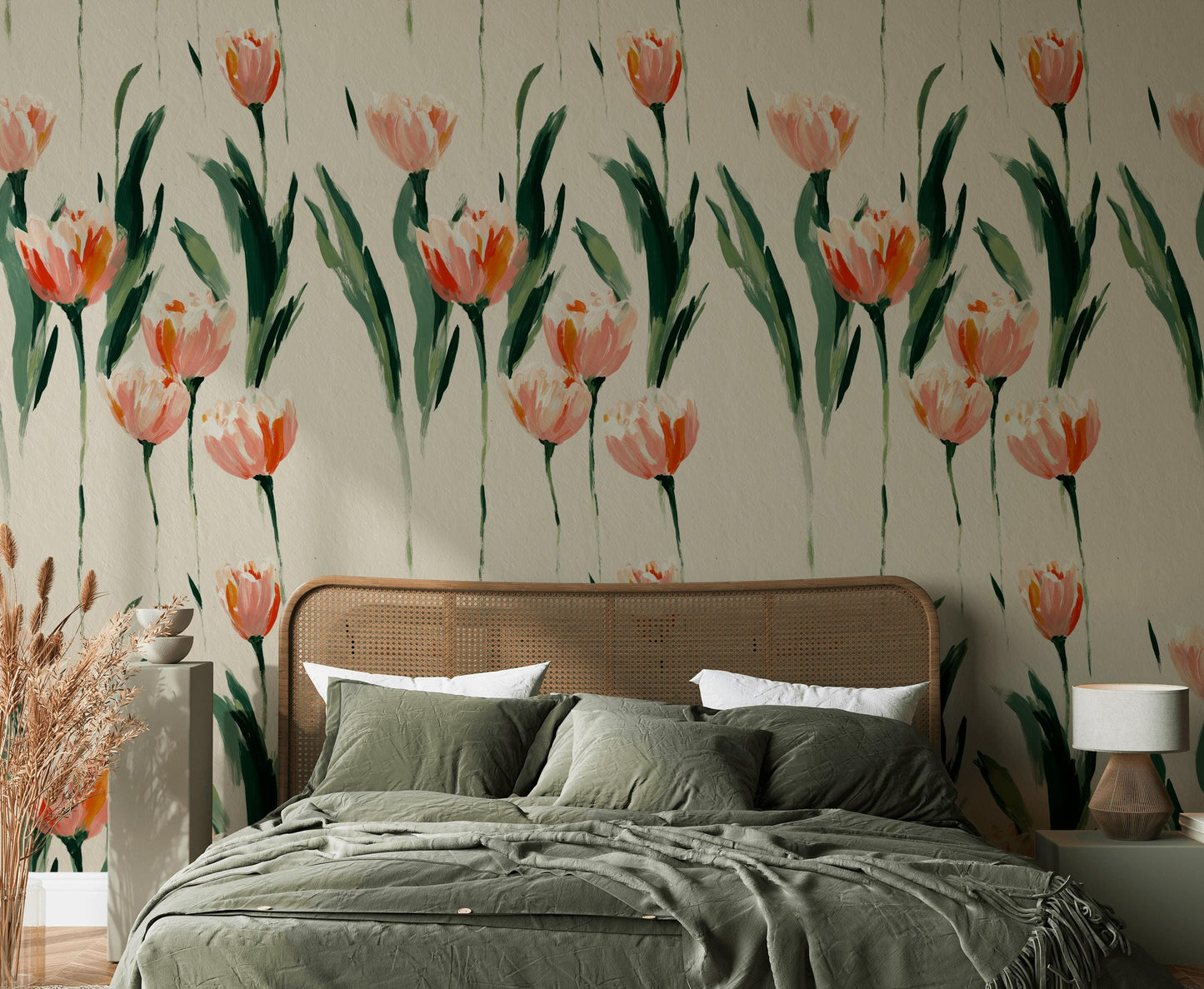 Minimalist Tulip Wallpaper, Modern Pink Floral Wall Mural, Botanical Peel and Stick Decor