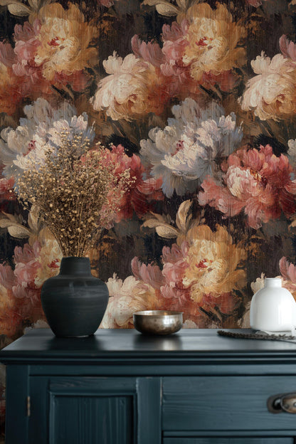 Dark Botanical Floral Wallpaper: Vintage Peel and Stick Wall Mural