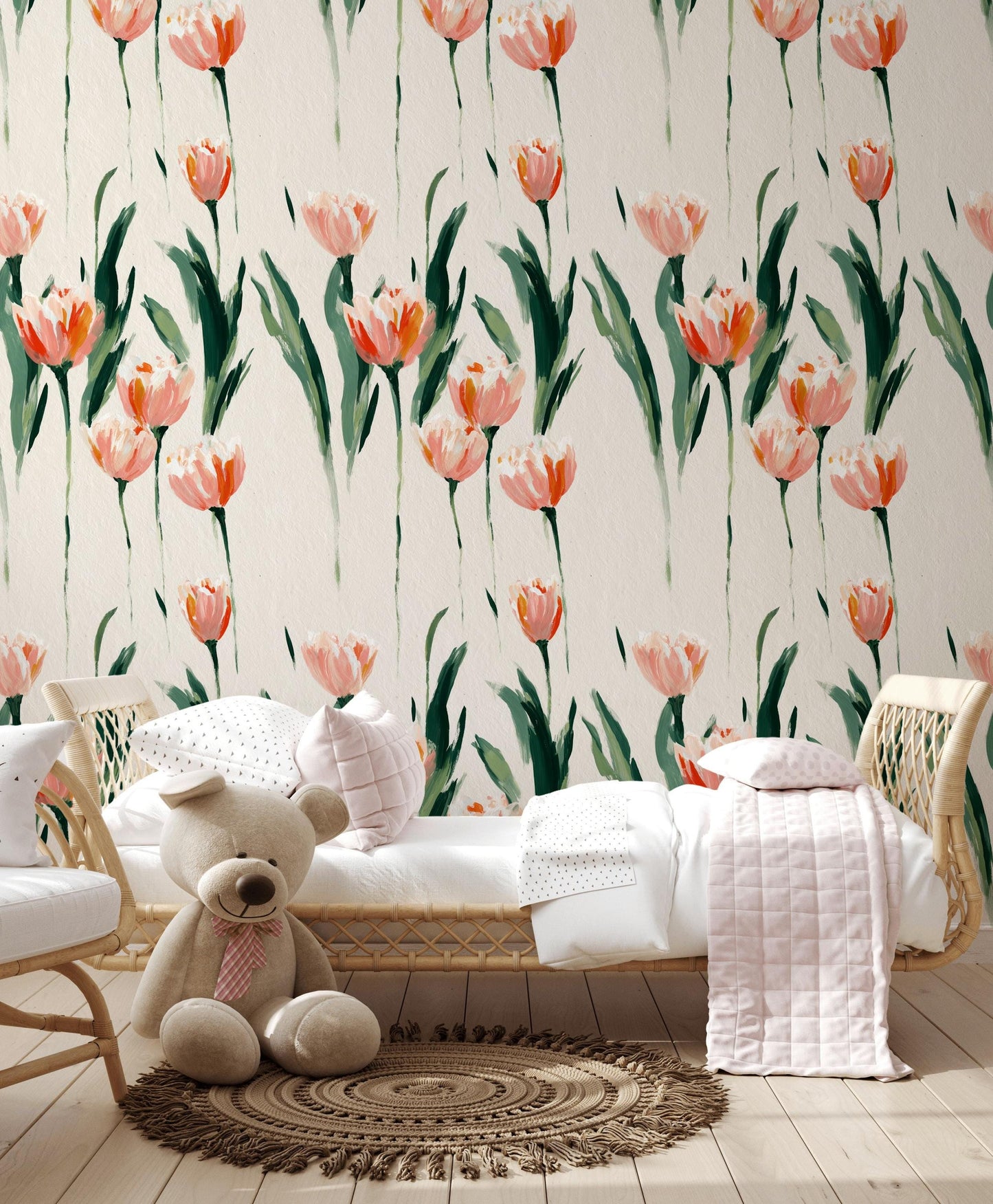 Minimalist Tulip Wallpaper, Modern Pink Floral Wall Mural, Botanical Peel and Stick Decor
