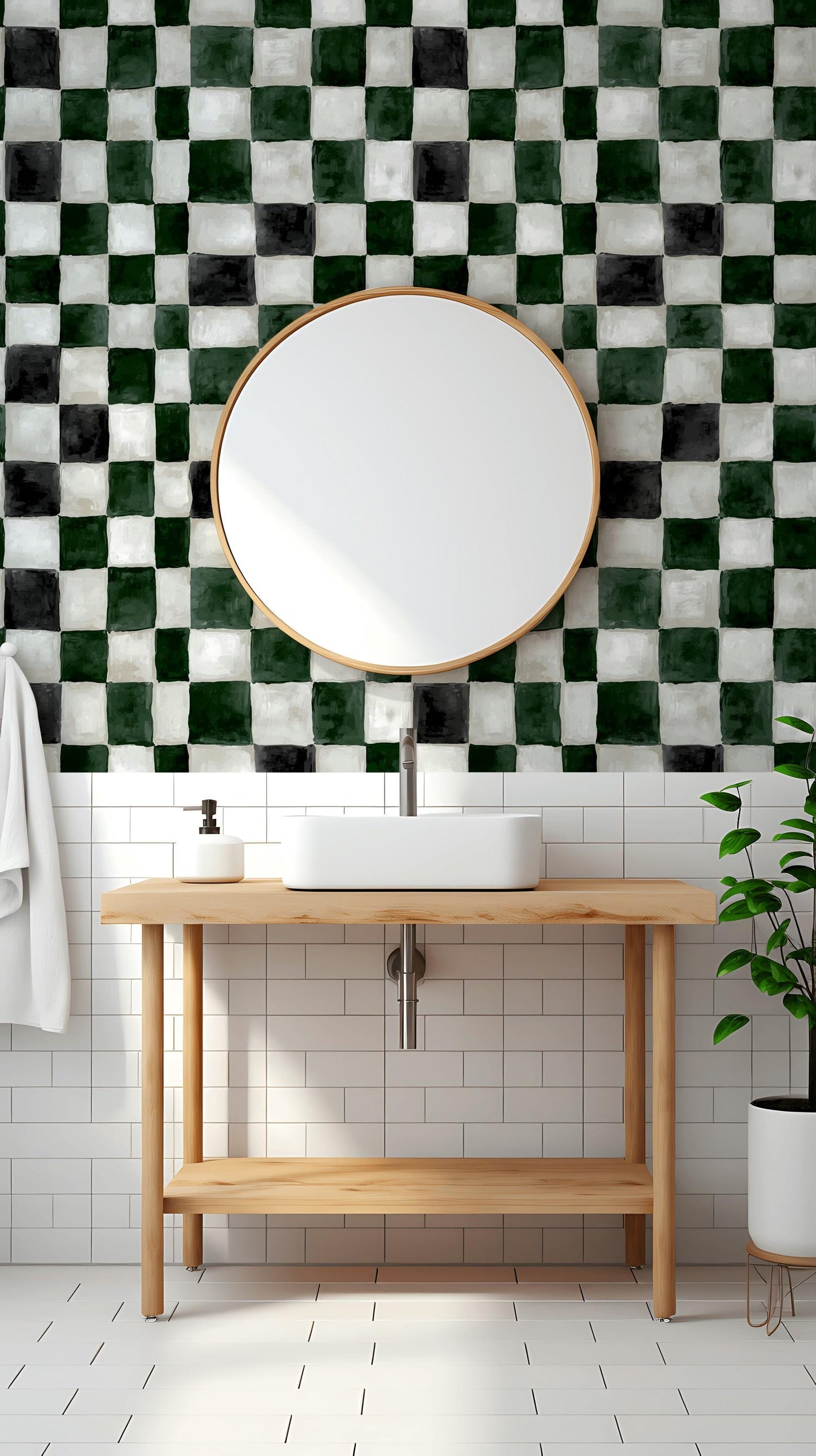 Hand-Painted Checkerboard Wallpaper | Rustic Farmhouse Wall Mural | Green Plaid Peel and Stick Decor