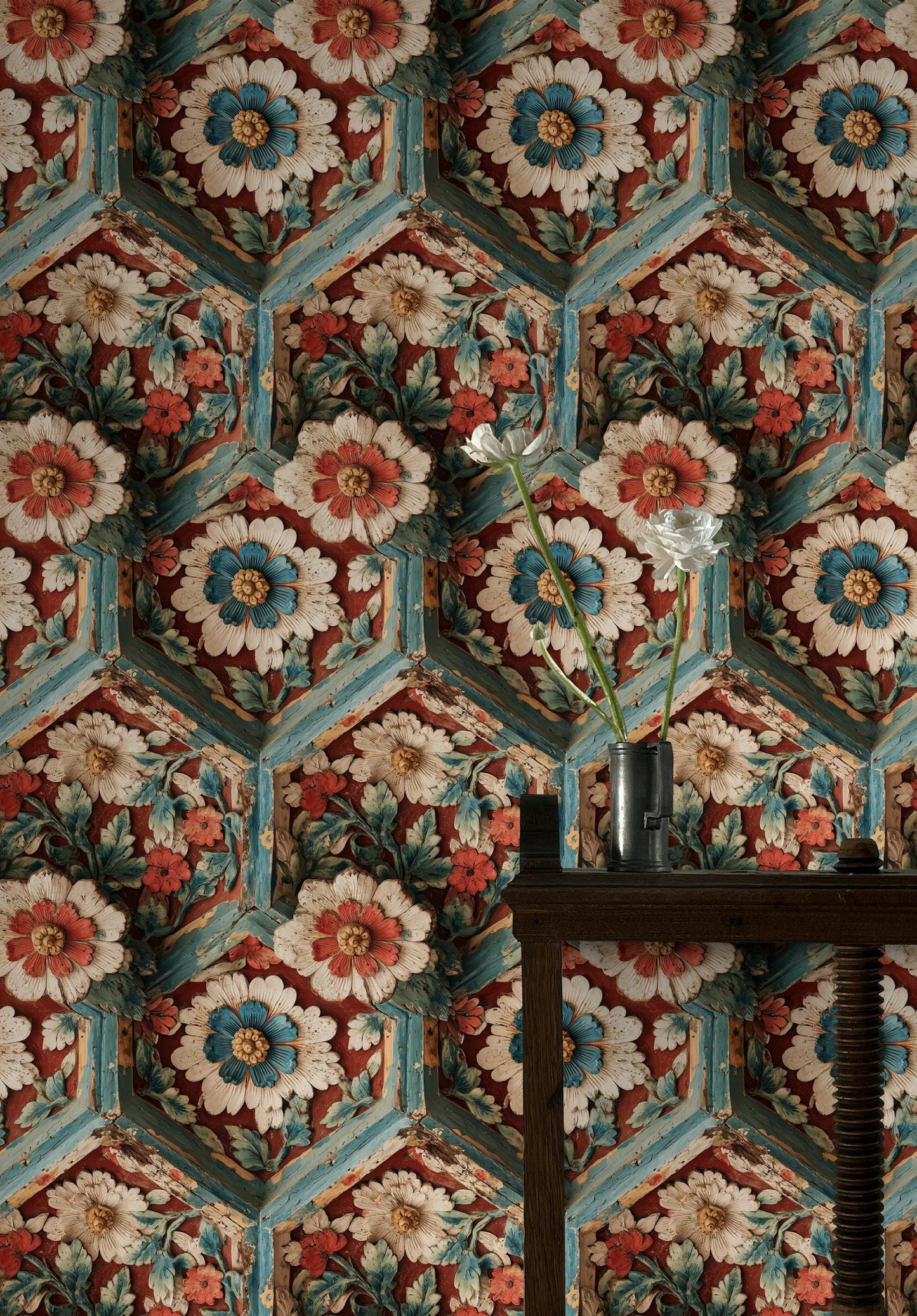 Faux Carved Wood Wallpaper: 3D Floral Peel and Stick Wall Mural