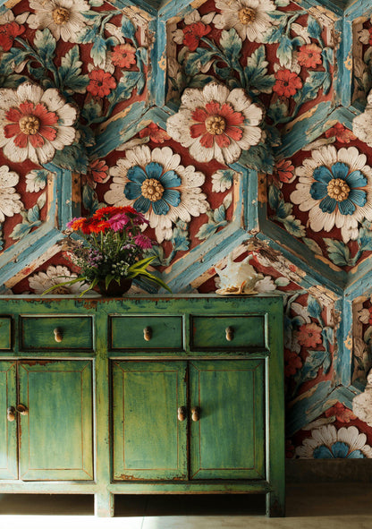 Faux Carved Wood Wallpaper: 3D Floral Peel and Stick Wall Mural