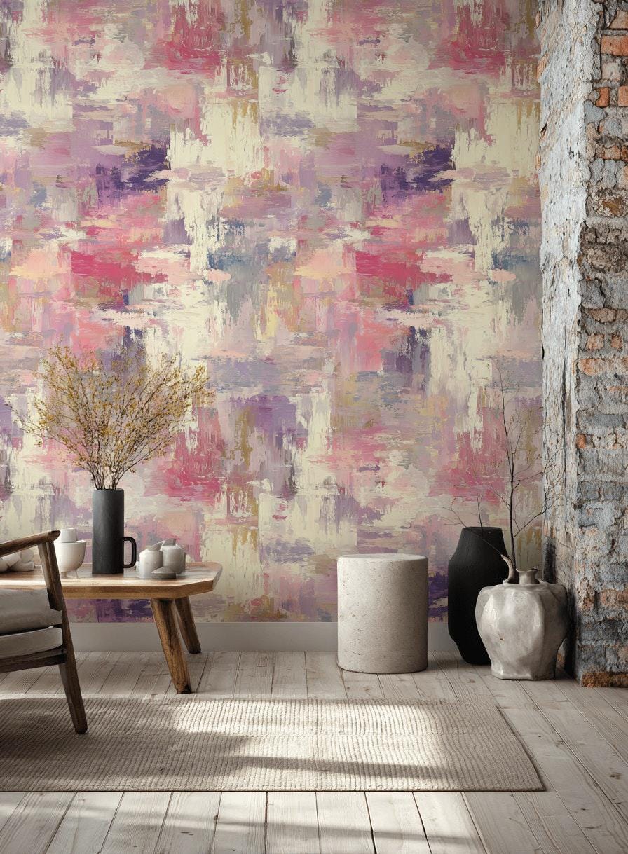 Modern Art Brushstroke Wallpaper, Pastel Pink Wall Mural, Layered Paint Effect Peel and Stick