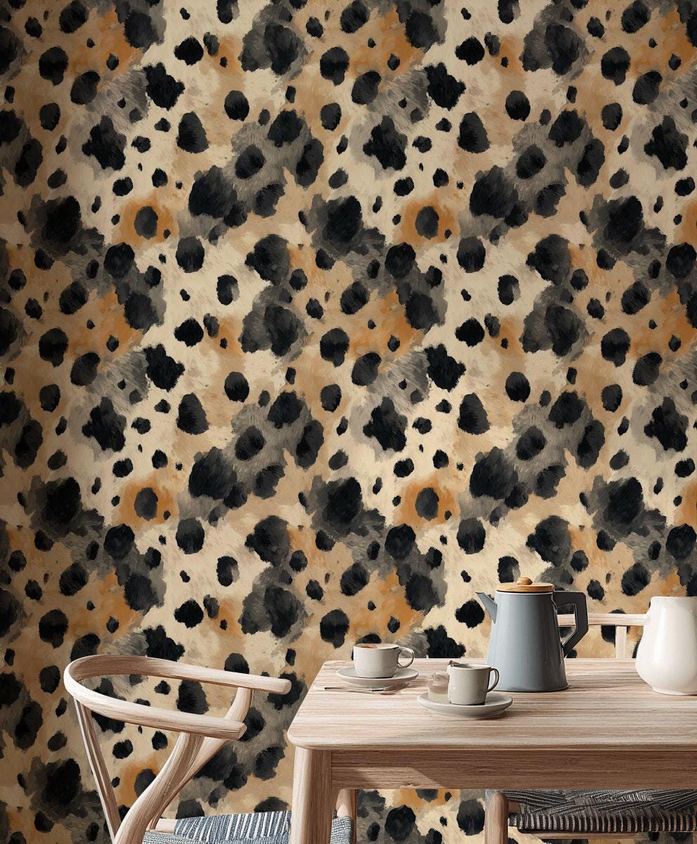 Cowhide Print Wallpaper: Black, Beige, and Tan - Peel & Stick