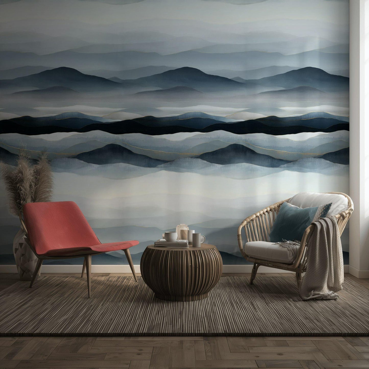 Blue Gray Mountain Wallpaper Mural: Gold Line Peel and Stick