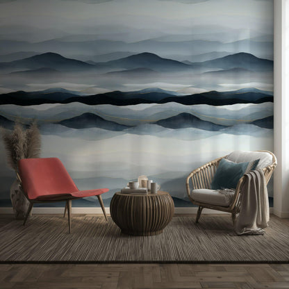 Blue Gray Mountain Wallpaper Mural: Gold Line Peel and Stick