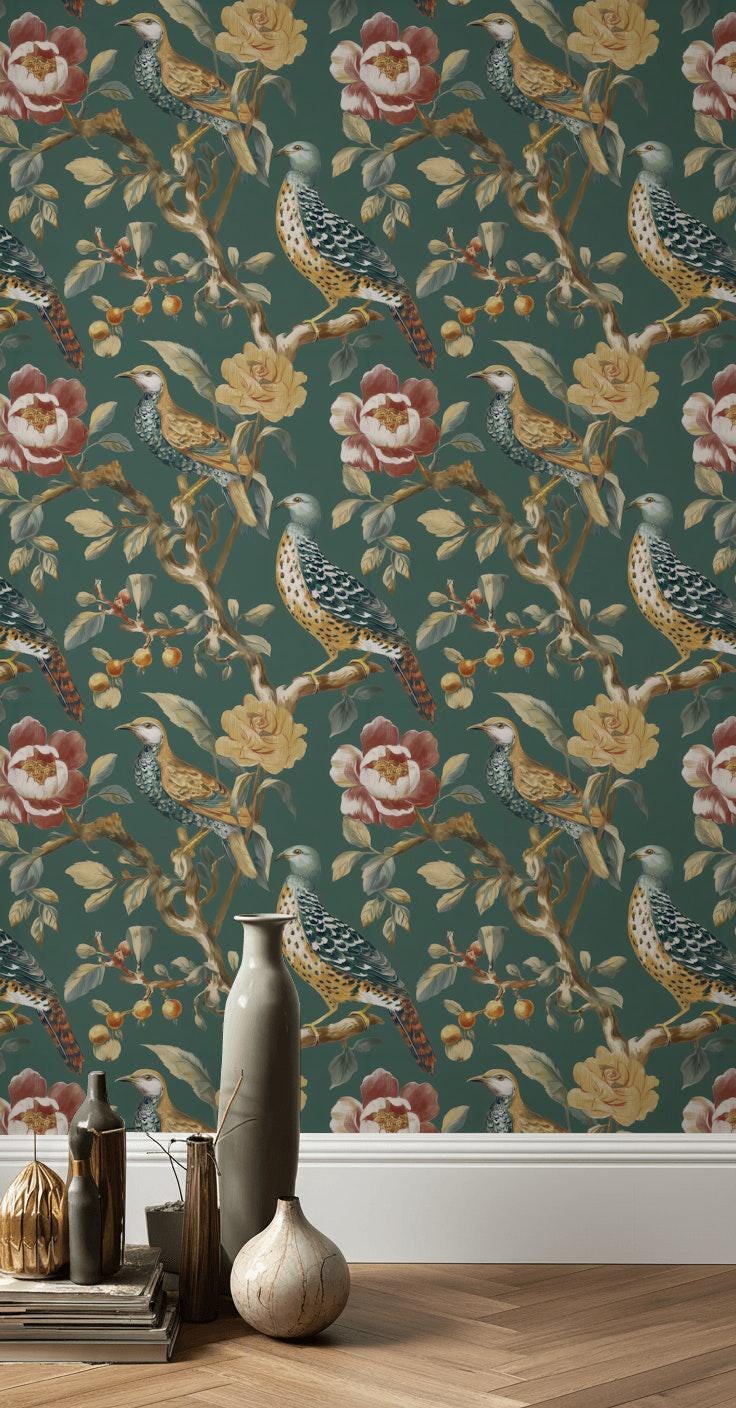Chinoiserie Bird Wallpaper: Dark Green Floral Peel and Stick Mural