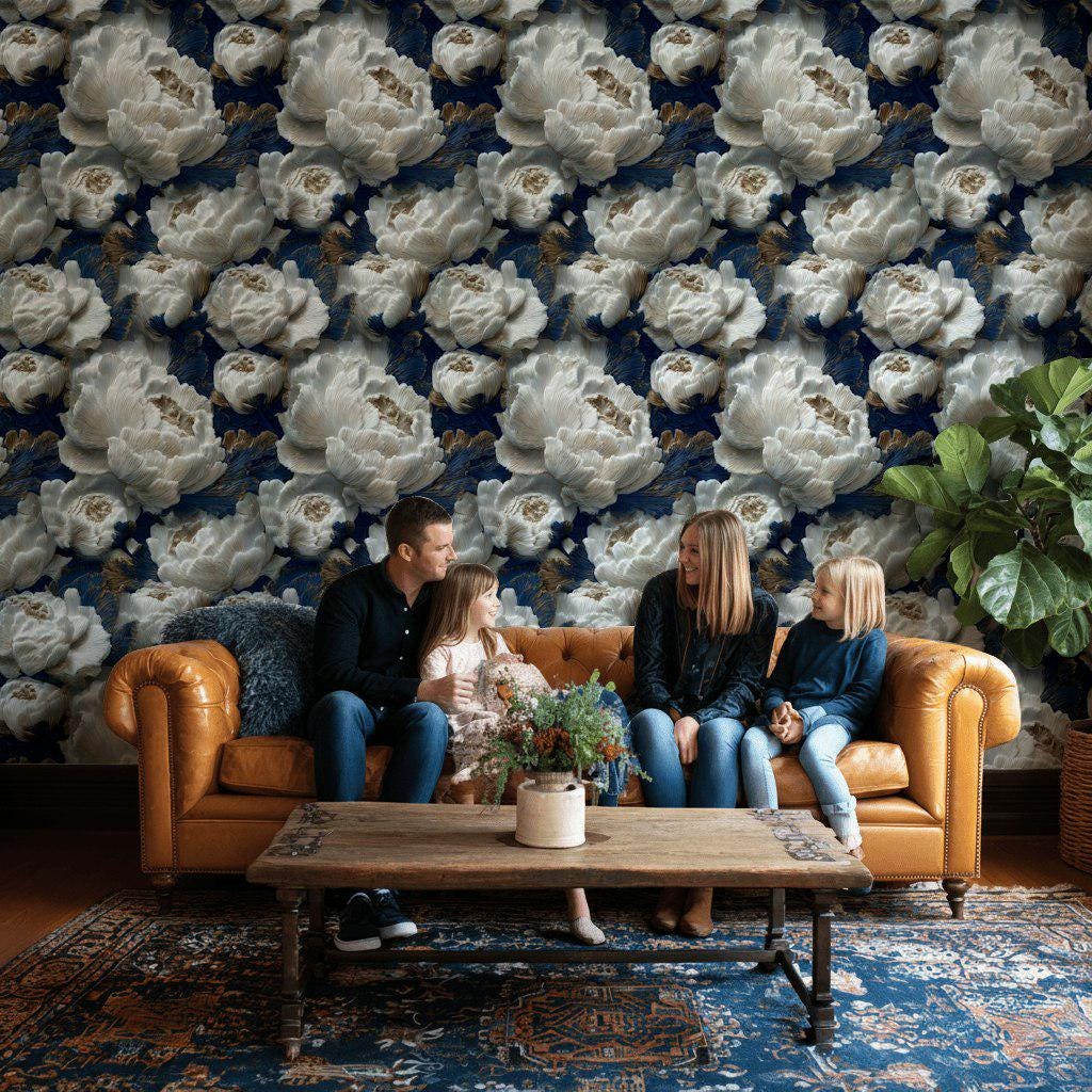 Textured Peony Flower Wallpaper: Navy Blue & Gold Glam Mural
