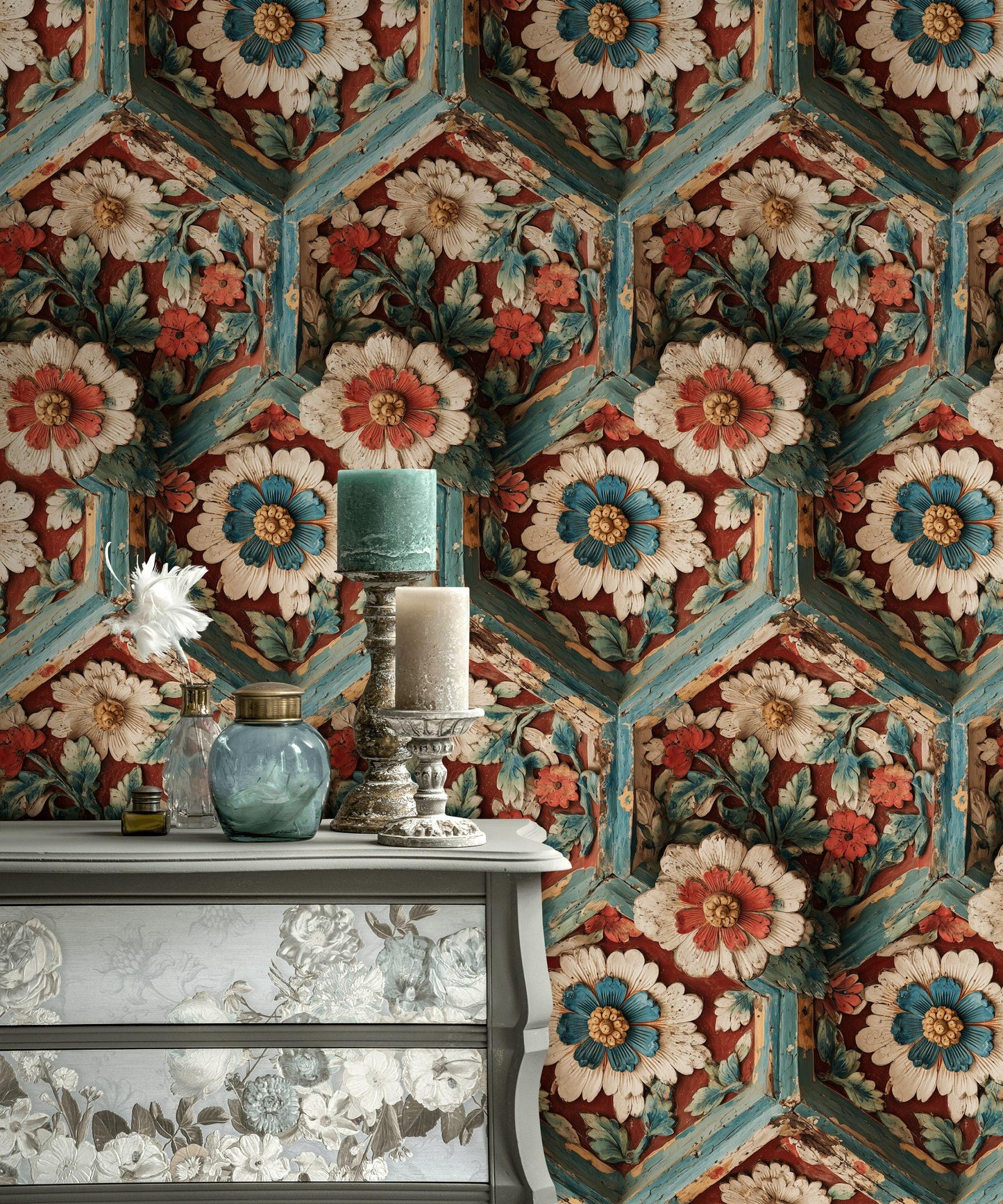 Faux Carved Wood Wallpaper: 3D Floral Peel and Stick Wall Mural