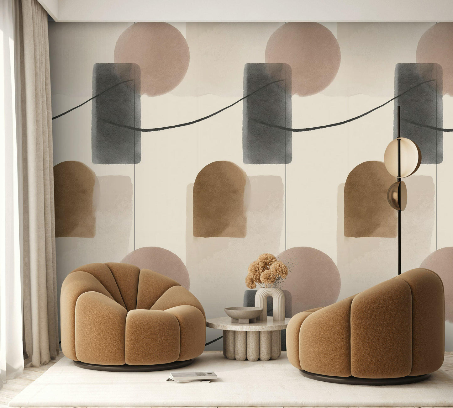 Abstract Geometric Wallpaper, Minimalist Wall Mural, Neutral Tones Peel and Stick Decor
