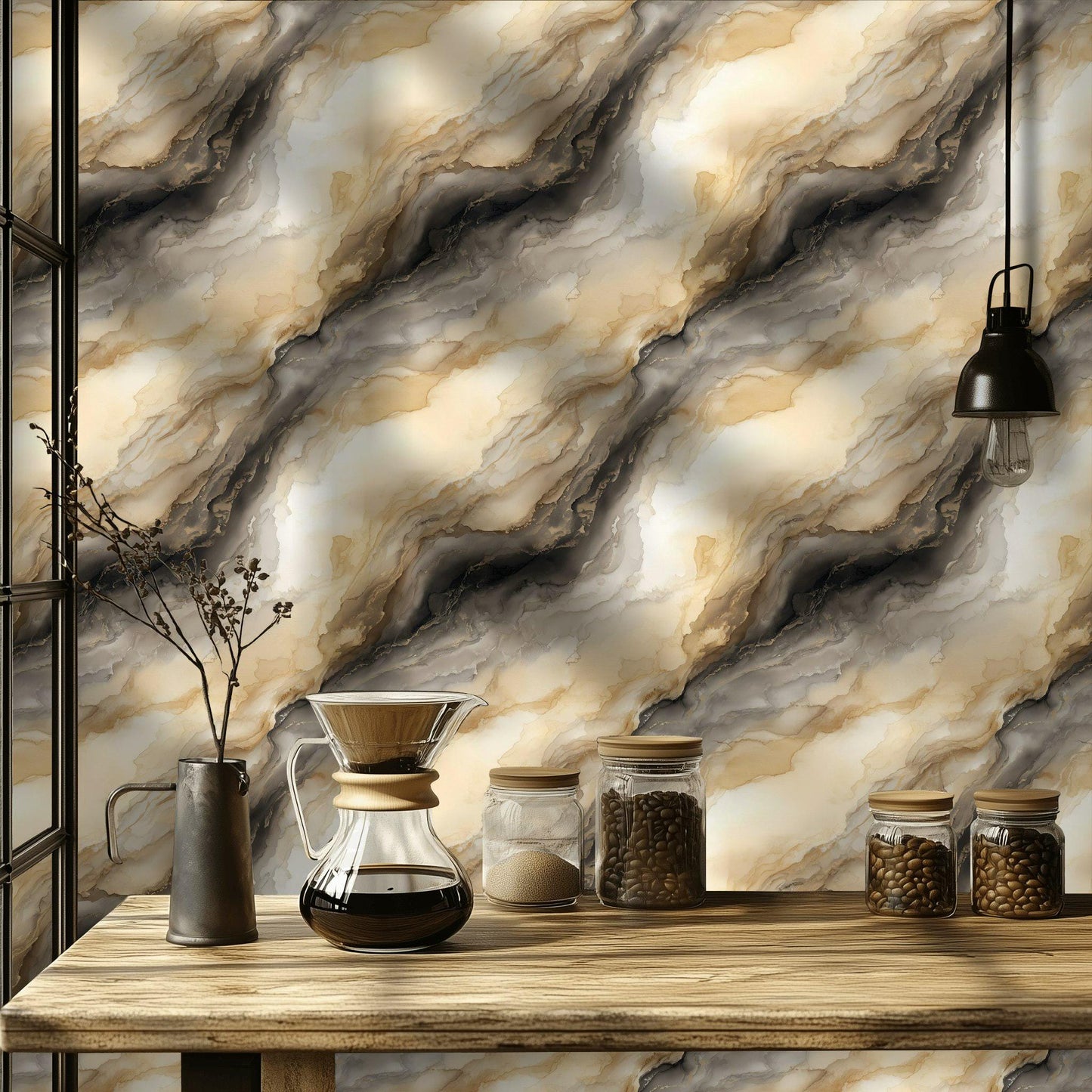 Abstract Gold Marble Wallpaper | Neutral Fluid Art Wall Mural | Modern Peel and Stick Decor