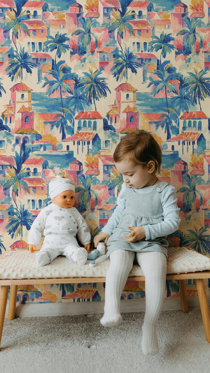 Watercolor Mediterranean Village Peel and Stick Wallpaper | Coastal Town Wall Mural Removable Seaside Decor