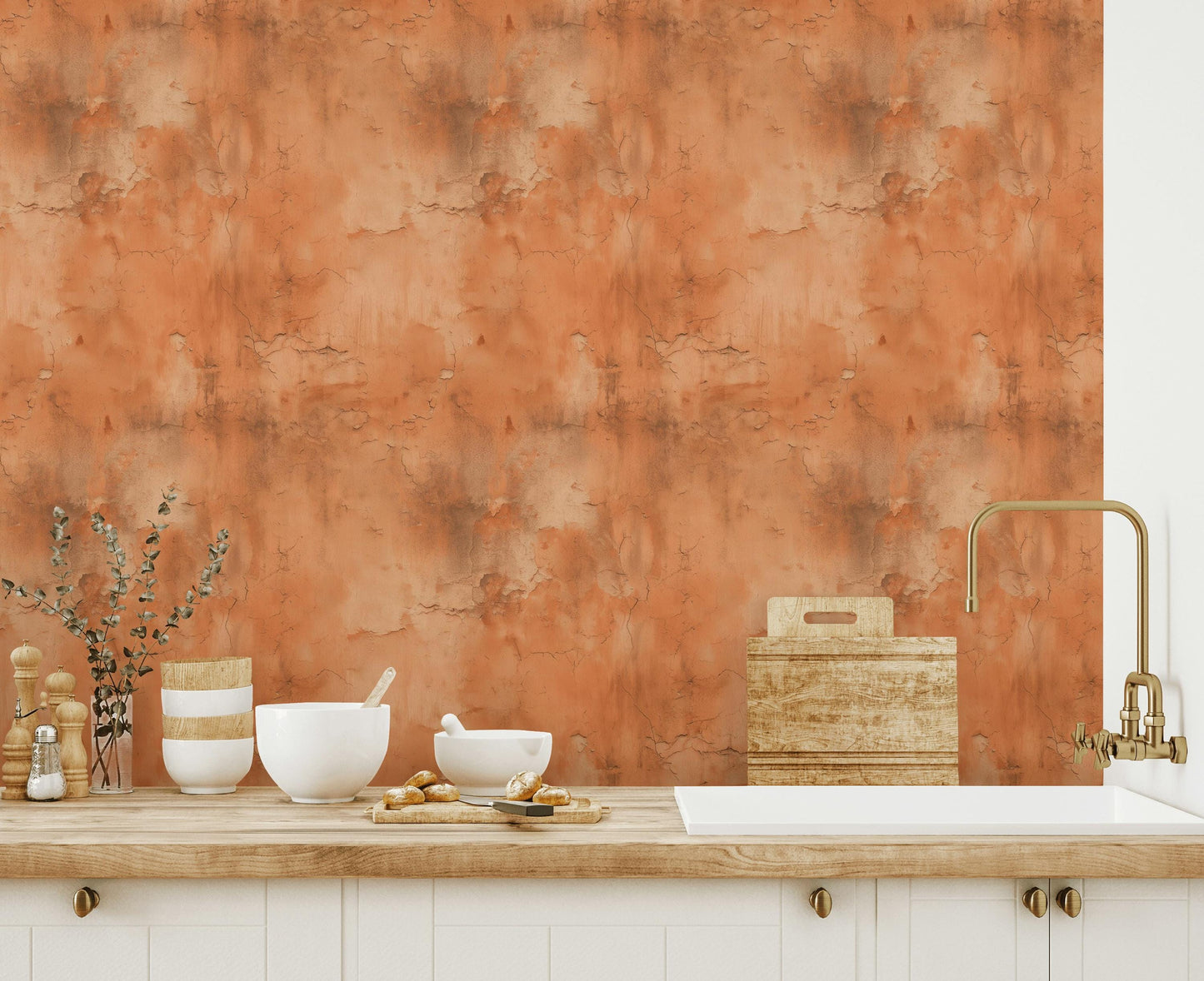 Distressed Terracotta Wallpaper Mural, Rustic Rusty Wall Decor, Industrial Peel and Stick